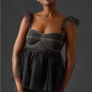 Anthropologie Pilcro Tulle Babydoll Blouse Black Bustier